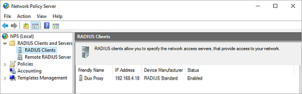 Screenshot of the NPS RADIUS client configuration